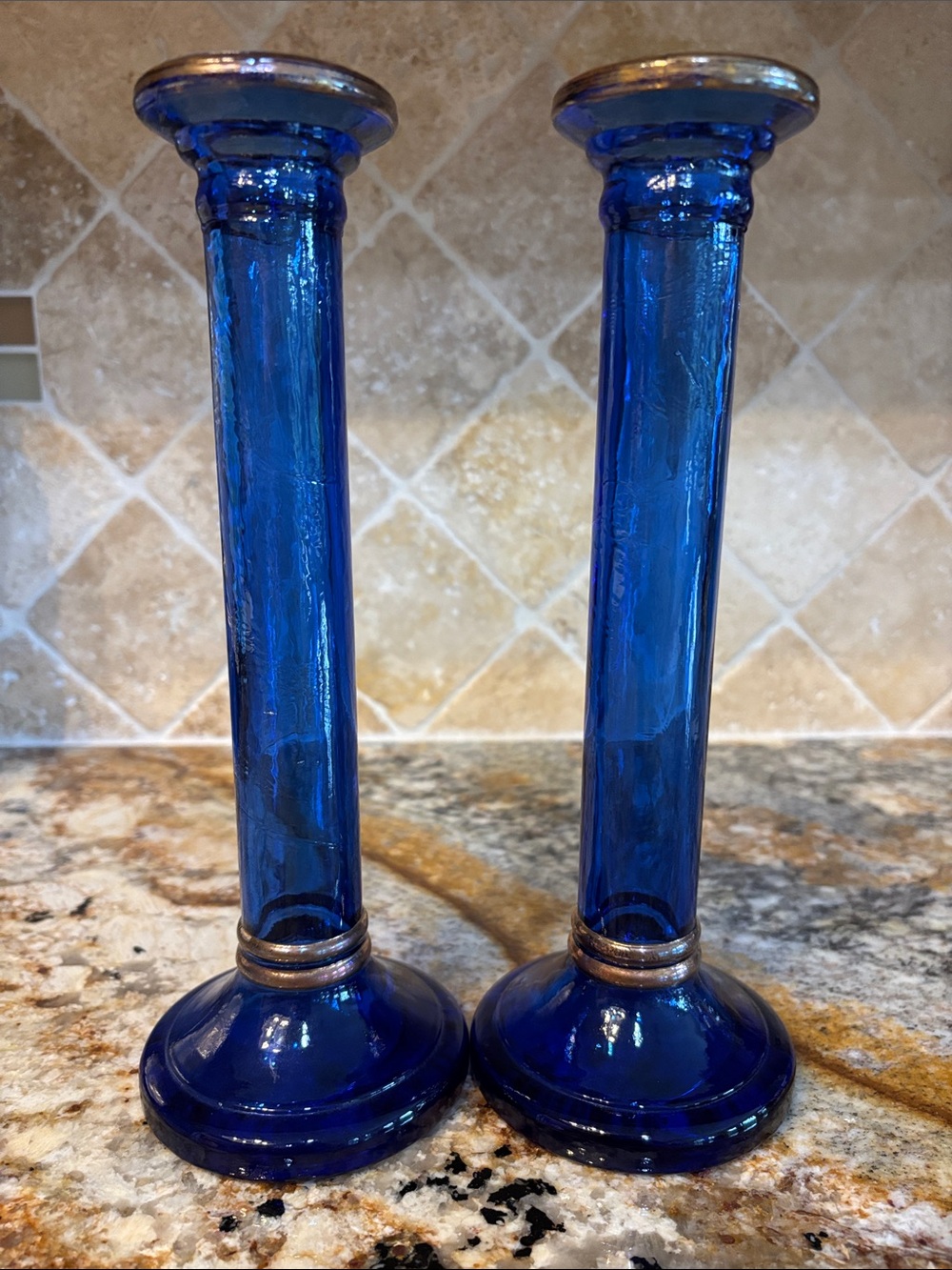 Cobalt Blue Handblown Glass Pillar Candle Holders  (2)